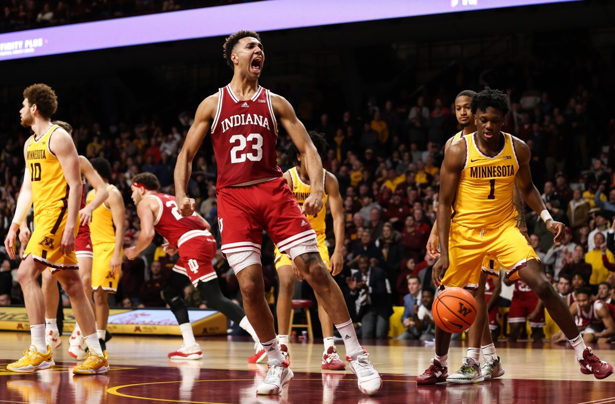 Trayce Jackson-Davis (23) reacts to his shot against the Minnesota Golden Gophers during the second half.