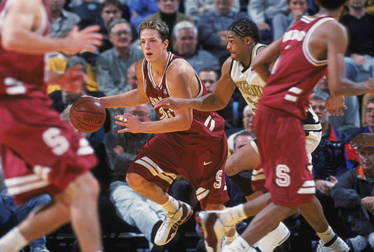 24 Nov 2001: Casey Jacobsen #23 of the Stanford Cardinal takes the ball down the court as he is guard by Rodney Smith #31 of the Purdue Boilermakers during the game at the Conseco Fieldhouse in Indianapolis, Indiana. The Cardinals defeated the Boilermakers 78-62.