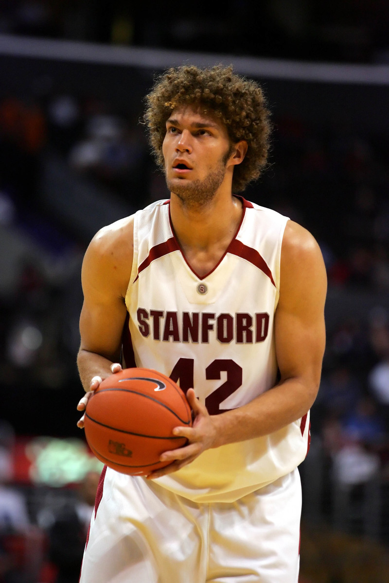 March 13, 2008; Los Angeles, CA, USA; Stanford Cardinal center Robin Lopez (42) makes his free throw shots against the Arizona Wildcats in the first half during the Pac-Ten tournament at the Staples Center. Stanford defeated Arizona 75-64.