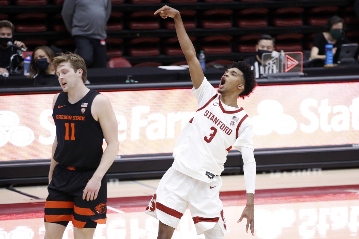 feb 27, 2021; Stanford, California, USA; Stanford Cardinal forward Ziaire Williams (3) reacts after hitting a three pointer during the first half against the Oregon State Beavers at Maples Pavilion.