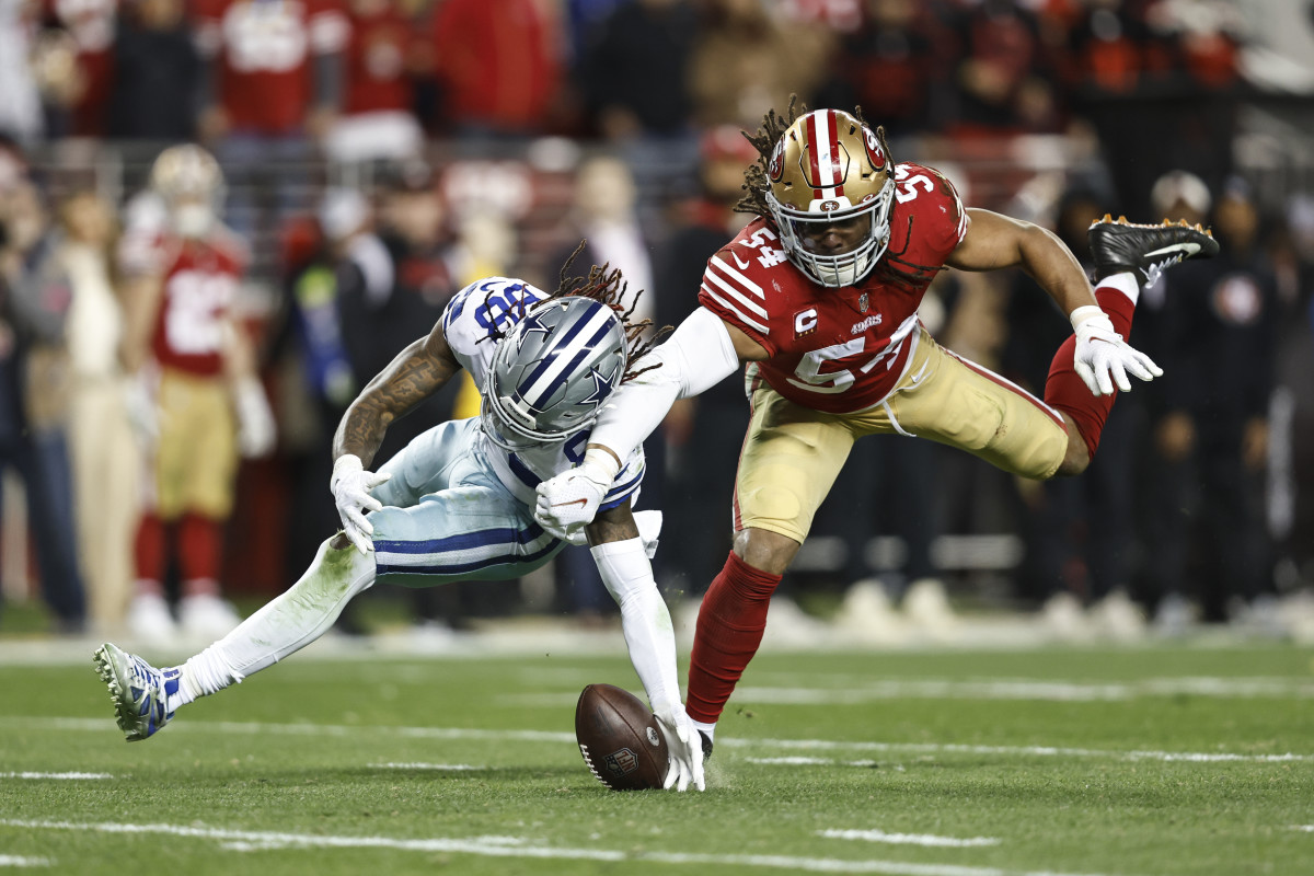 Fred Warner breaks up a pass intended for CeeDee Lamb in the 49ers playoff win over the Cowboys in January 2023
