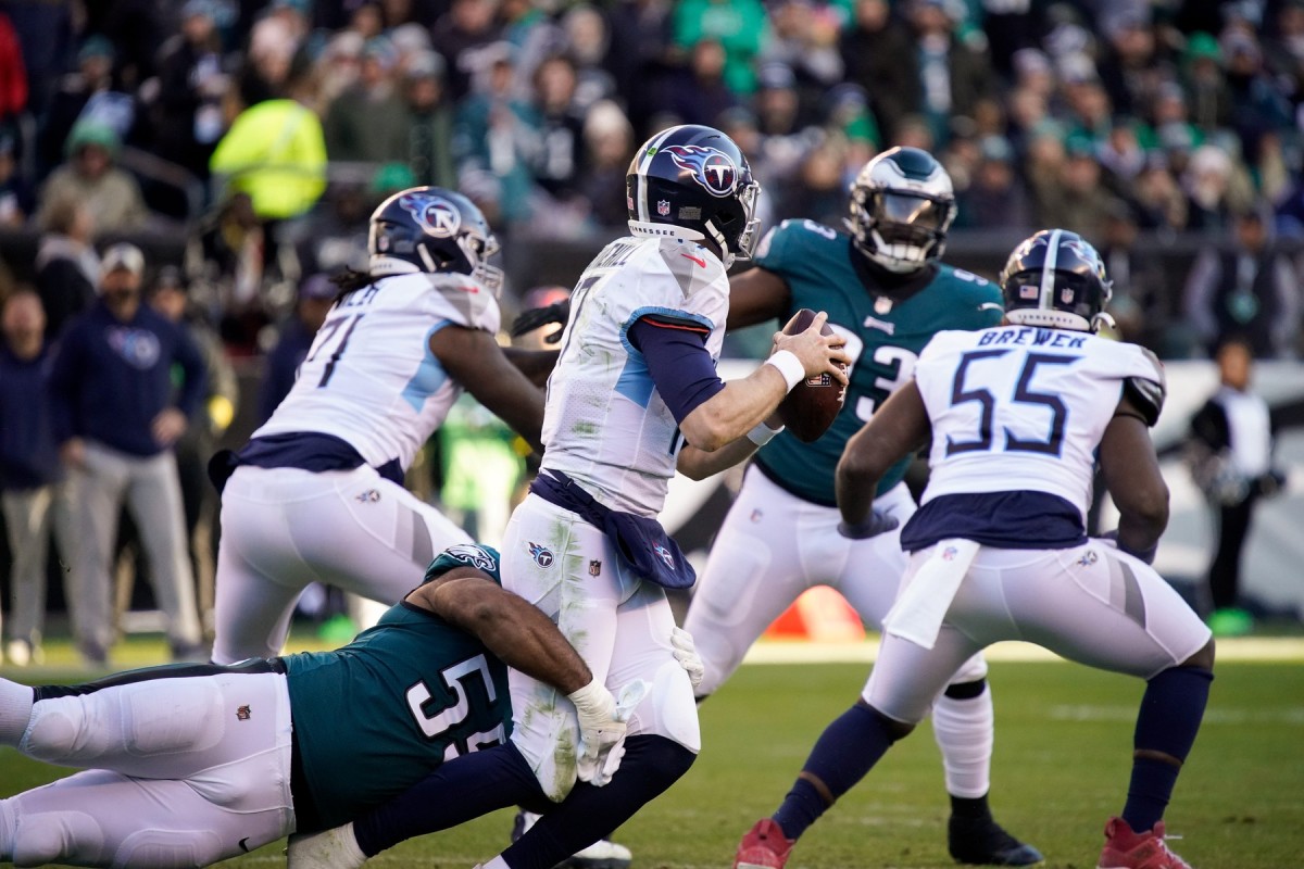 Tennessee Titans quarterback Ryan Tannehill (17) is sacked by Philadelphia Eagles defensive end Brandon Graham (55) during the third quarter at Lincoln Financial Field Sunday, Dec. 4, 2022, in Philadelphia, Pa.