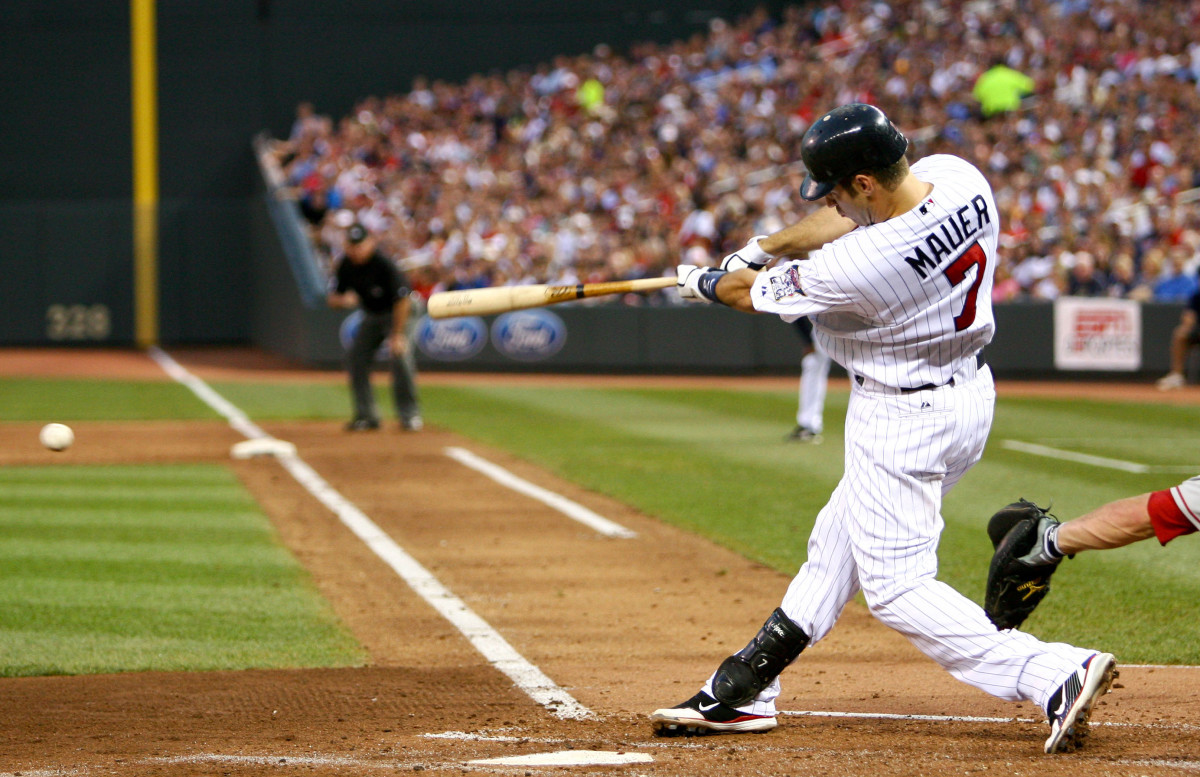 Twins catcher Joe Mauer bats against the Angels at Target Field on August 22, 2010. The Twins defeated the Angels 4-0.