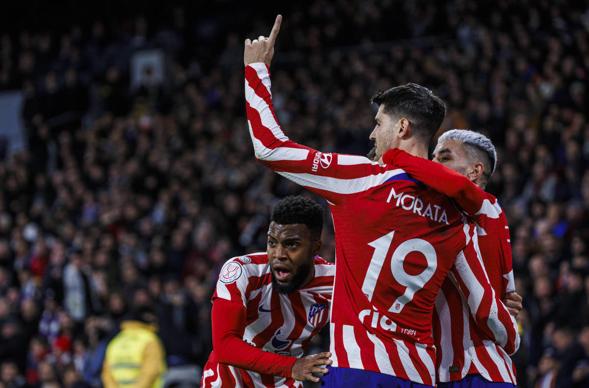 Atletico Madrid no.19 Alvaro Morata pictured moments after scoring against Real Madrid in January 2023