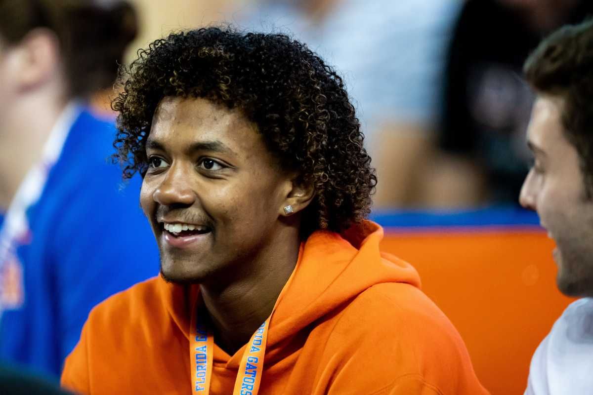 Florida Gators recruit Jaden Rashada smiles on the sideline during the second half against the Florida Gators at Steve Spurrier Field at Ben Hill Griffin Stadium in Gainesville, FL on Saturday, November 12, 2022. [Matt Pendleton/Gainesville Sun] Ncaa Football Florida Gators Vs South Carolina Gamecocks