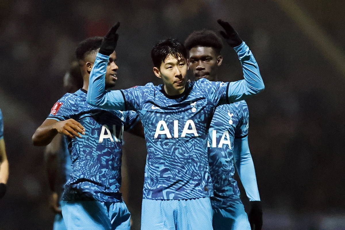 Son Heung-min pictured celebrating his first of two goals during Tottenham's 3-0 win at Preston in January 2023