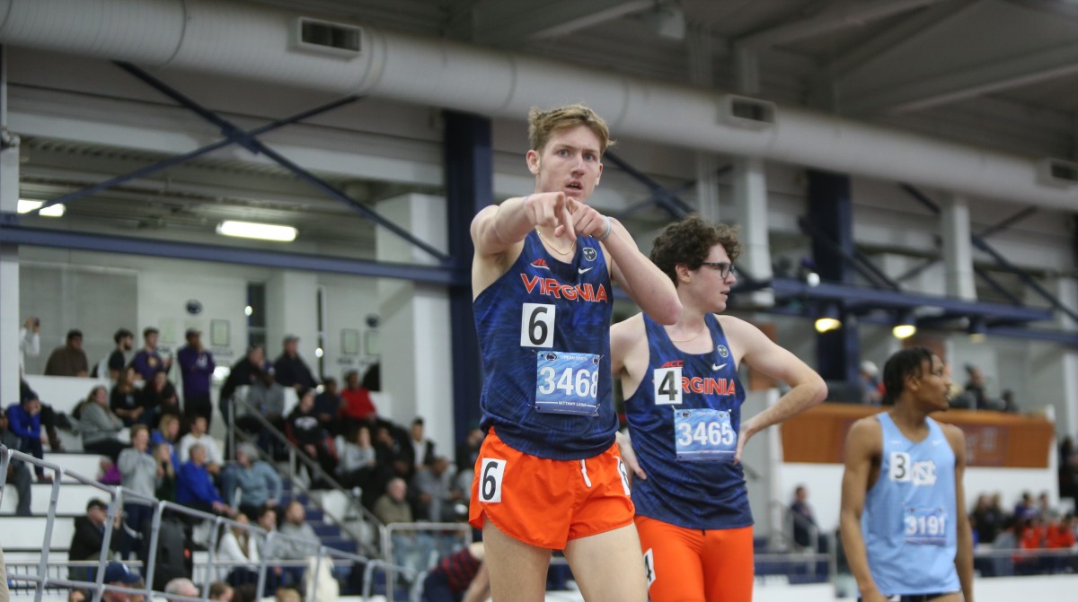 Conor Murphy celebrates after winning the men's 800-meters for the Virginia track & field team at the Penn State National Invitational.