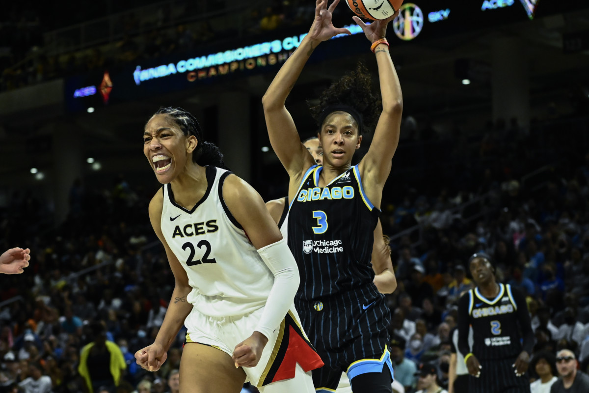 Las Vegas Aces forward A'ja Wilson yells after scoring against Chicago Sky forward Candace Parker