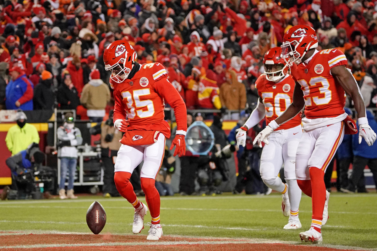 Jan 29, 2023; Kansas City, Missouri, USA; Kansas City Chiefs cornerback Jaylen Watson (35) reacts after making an interception against the Cincinnati Bengals during the second quarter of the AFC Championship game at GEHA Field at Arrowhead Stadium. Mandatory Credit: Denny Medley-USA TODAY Sports