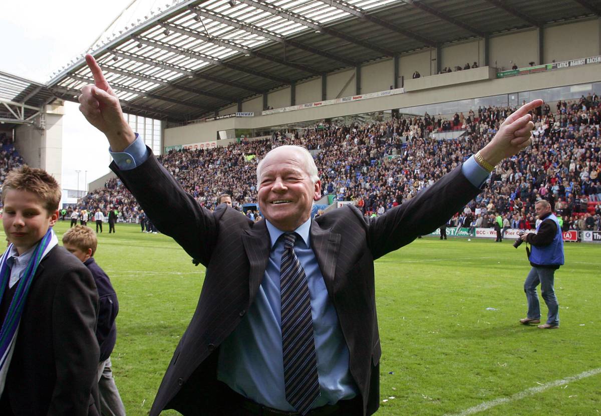Owner Dave Whelan pictured celebrating after Wigan Athletic's promotion to the Premier League was confirmed in 2005