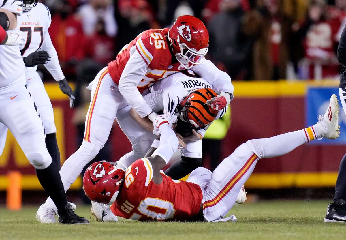 Kansas City Chiefs safety Bryan Cook (6) tips a pass intended for Cincinnati Bengals wide receiver Tee Higgins (85) before it is intercepted by cornerback Joshua Williams (23) in the fourth quarter of the AFC championship NFL game between the Cincinnati Bengals and the Kansas City Chiefs, Sunday, Jan. 29, 2023, at Arrowhead Stadium in Kansas City, Mo. The Kansas City Chiefs advanced to the Super Bowl with a 23-20 win over the Bengals. Cincinnati Bengals At Kansas City Chiefs Afc Championship Jan 29 718