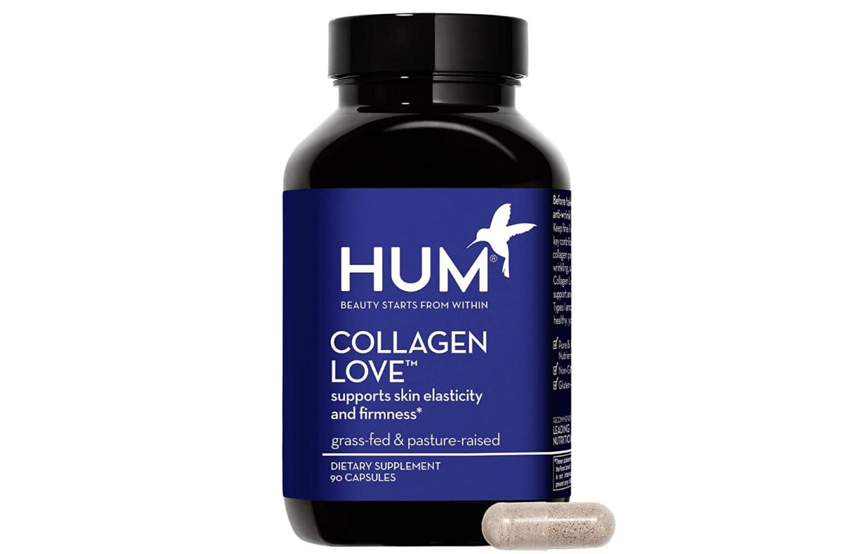 A black and dark blue bottle of Hum Collagen Love capsules