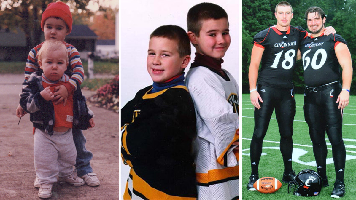 Jason and Travis Kelce pose together as toddlers, pre-teens and college teammates.