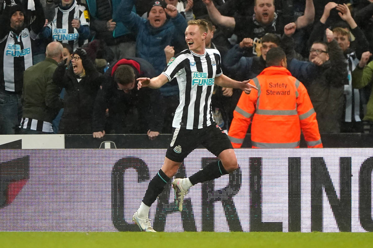 Sean Longstaff pictured celebrating a goal for Newcastle against Southampton in their EFL Cup semi-final second leg in January 2022