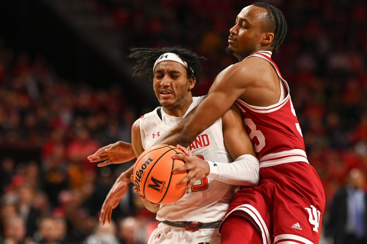 Indiana Hoosiers guard Tamar Bates (53) fouled Maryland Terrapins guard Ian Martinez (23) on the way to the basket during the second half at Xfinity Center.
