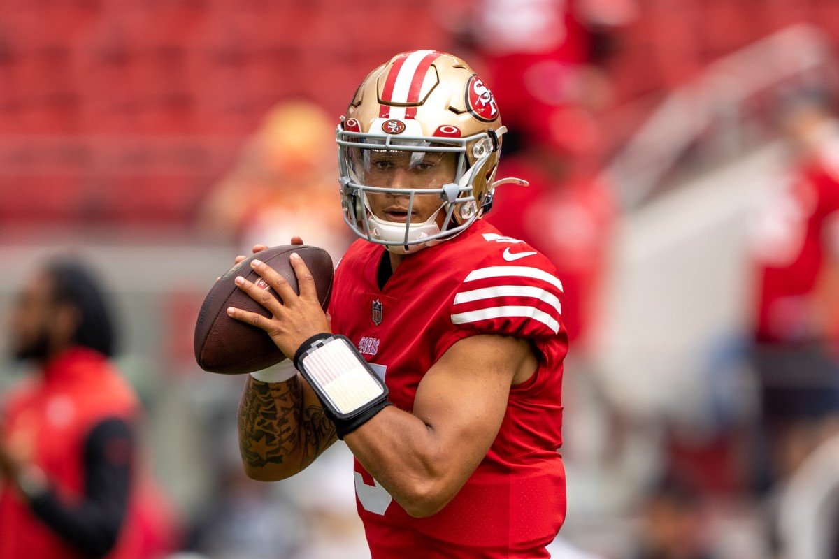 San Francisco 49ers quarterback Trey Lance (5) before the game against the Seattle Seahawks at Levi's Stadium.