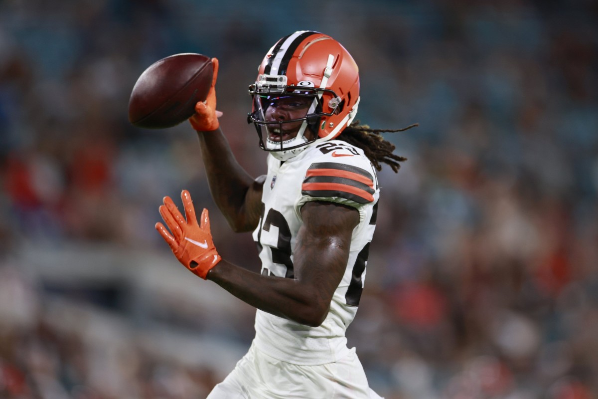 Cleveland Browns cornerback Martin Emerson Jr. (23) scores a touchdown during the second quarter of a preseason NFL game against the Jacksonville Jaguars on Friday, Aug. 12, 2022 at TIAA Bank Field in Jacksonville. [Corey Perrine/Florida Times-Union] Jacksonville Jaguars 2022 Cleveland Browns First Home Pre Season Scrimmage Second Scrimmage Preseason