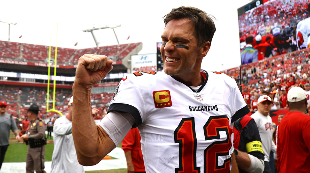 Buccaneers quarterback Tom Brady (12) gets pumped up prior to the game against the Panthers at Raymond James Stadium.