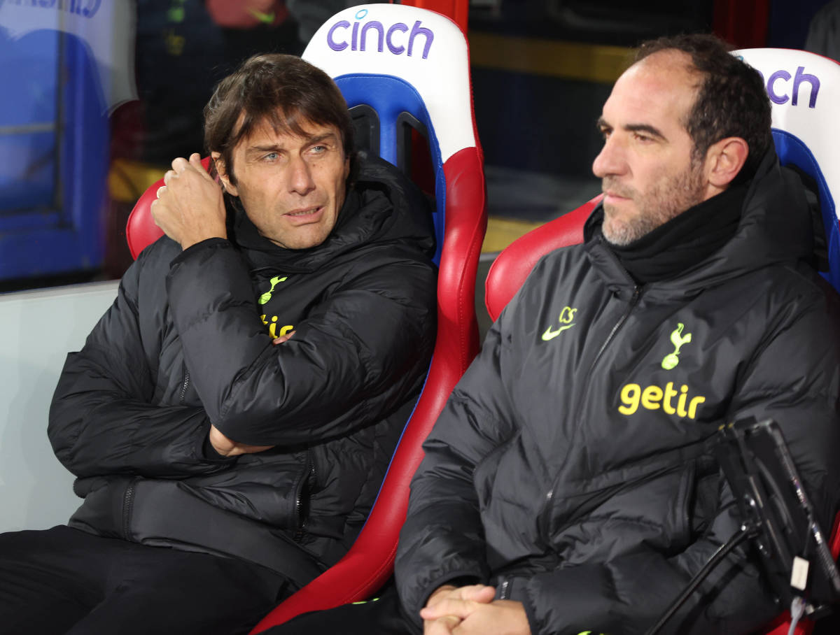 Tottenham manager Antonio Conte (left) and assistant Cristian Stellini pictured in the dugout during a Premier League game against Crystal Palace in January 2023