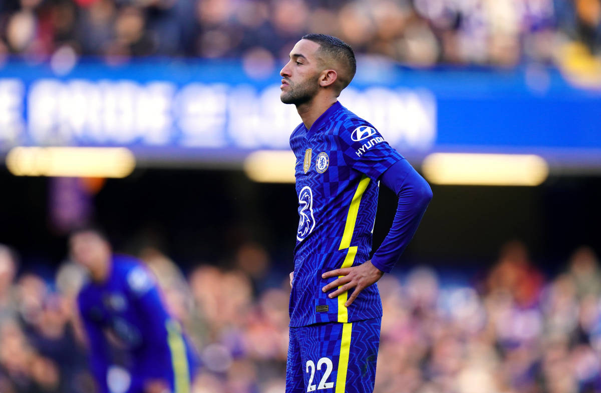 Hakim Ziyech pictured looking dejected during Chelsea's 4-1 loss to Brentford in April 2022