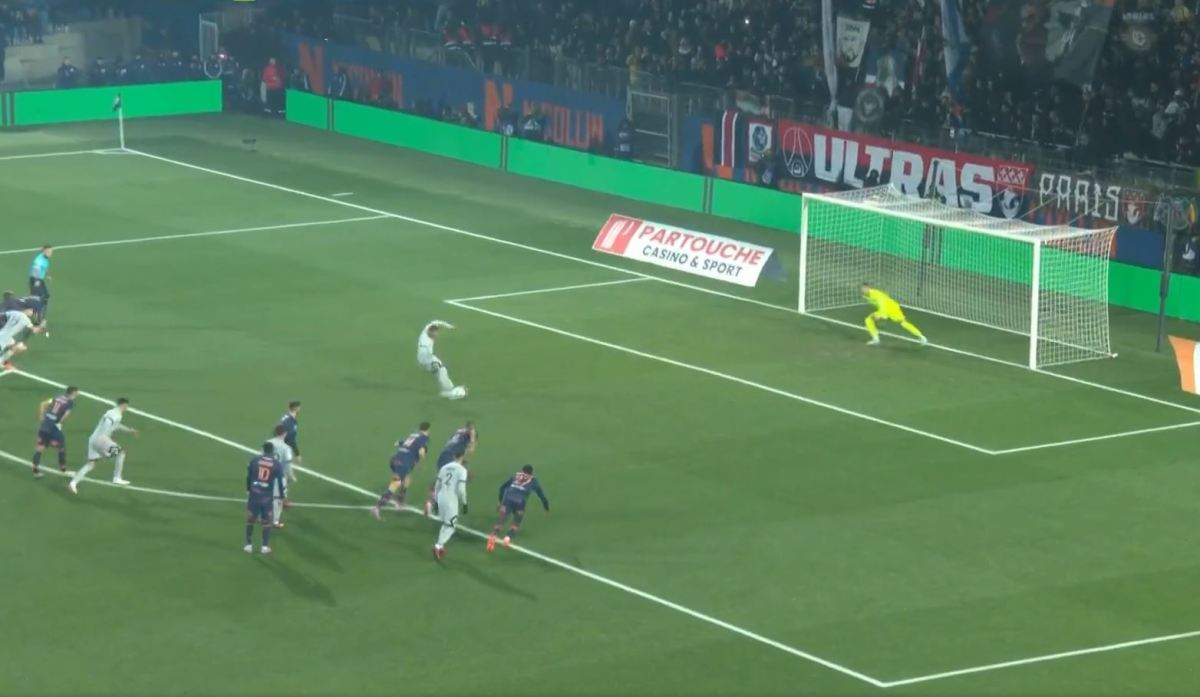 Kylian Mbappe pictured taking a penalty for PSG against Montpellier in February 2023