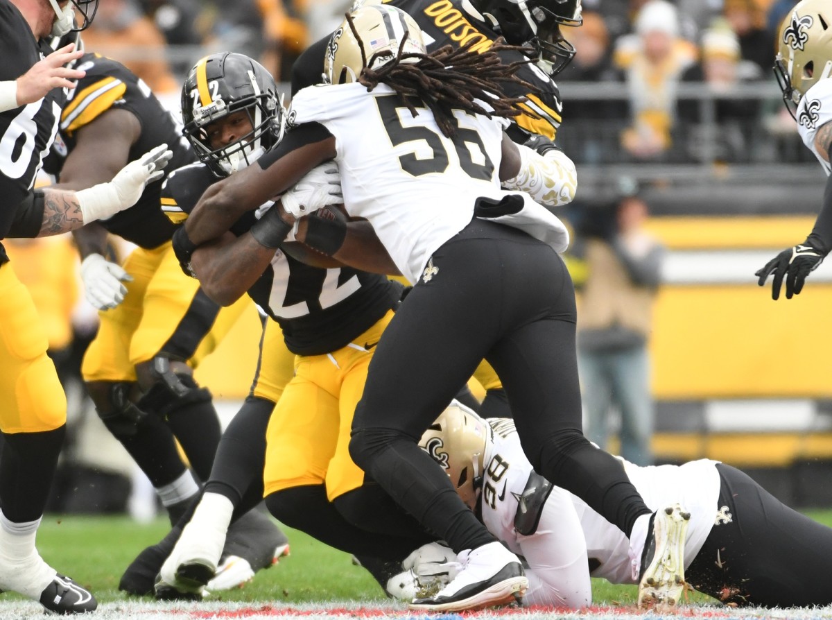 Pittsburgh Steelers running back Najee Harris (22) is stuffed by New Orleans Saints linebacker Demario Davis (56). Mandatory Credit: Philip G. Pavely-USA TODAY Sports