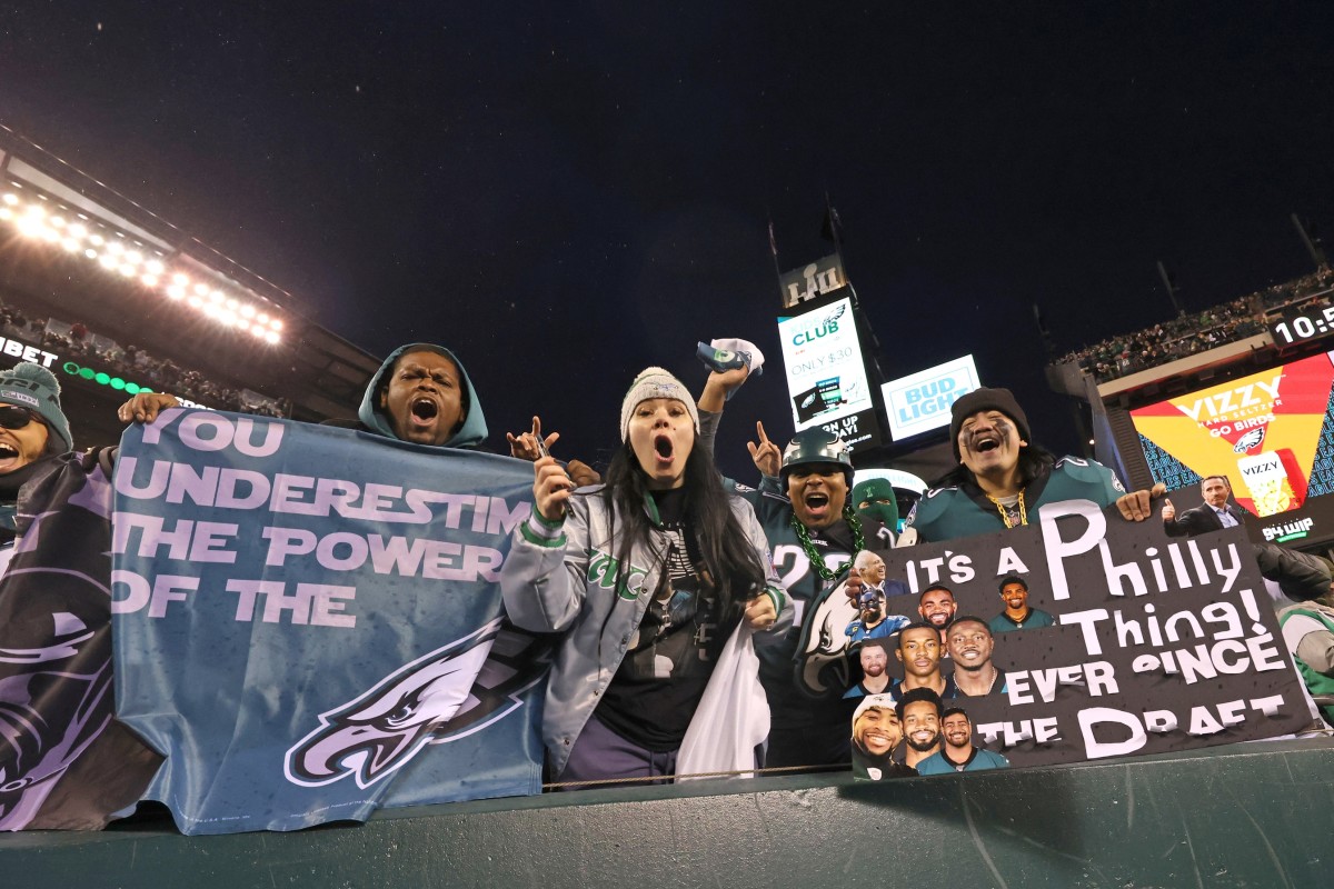 Eagles fans celebrate at Lincoln Financial Field in Philadelphia after the their team defeated the 49ers to advance to the Super Bowl.