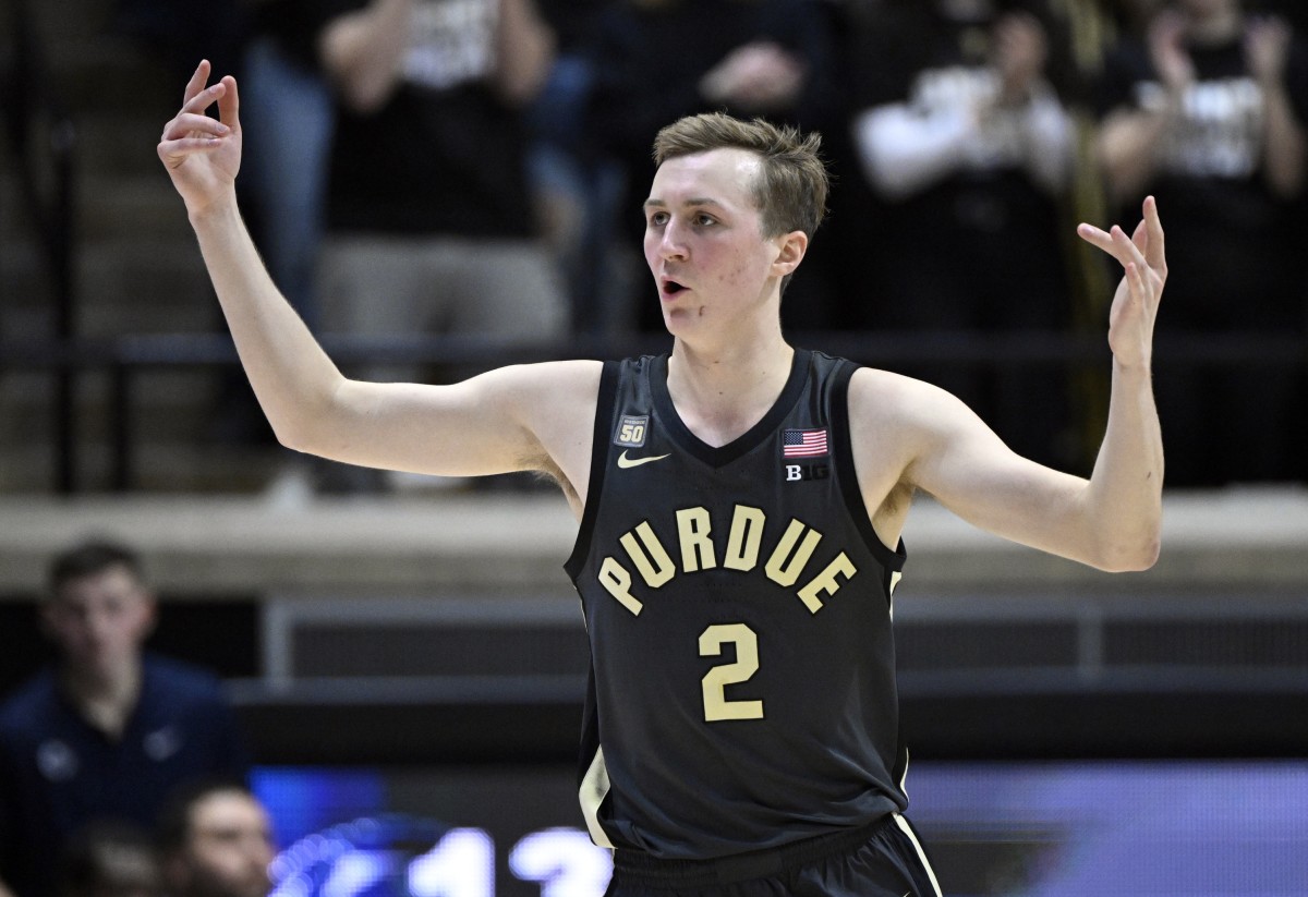Feb 1, 2023; West Lafayette, Indiana, USA; Purdue Boilermakers guard Fletcher Loyer (2) reacts during the first half against the Penn State Nittany Lions at Mackey Arena.