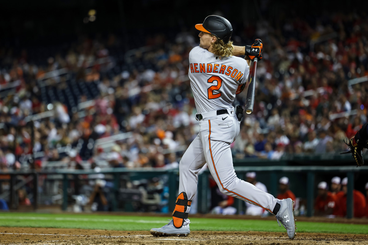 Orioles second baseman Gunnar Henderson hits a double against the Nationals during the fifth inning at Nationals Park.