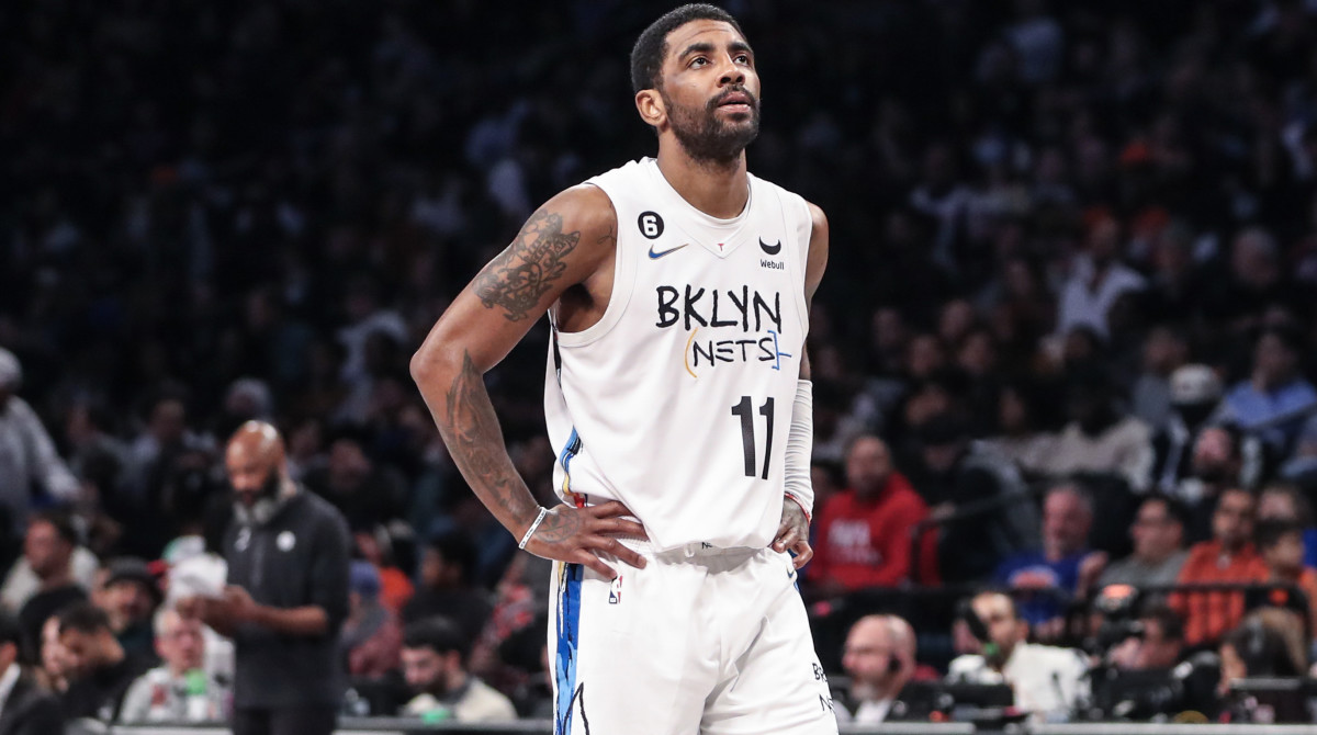 Nets guard Kyrie Irving looks on during a game vs. the Knicks.