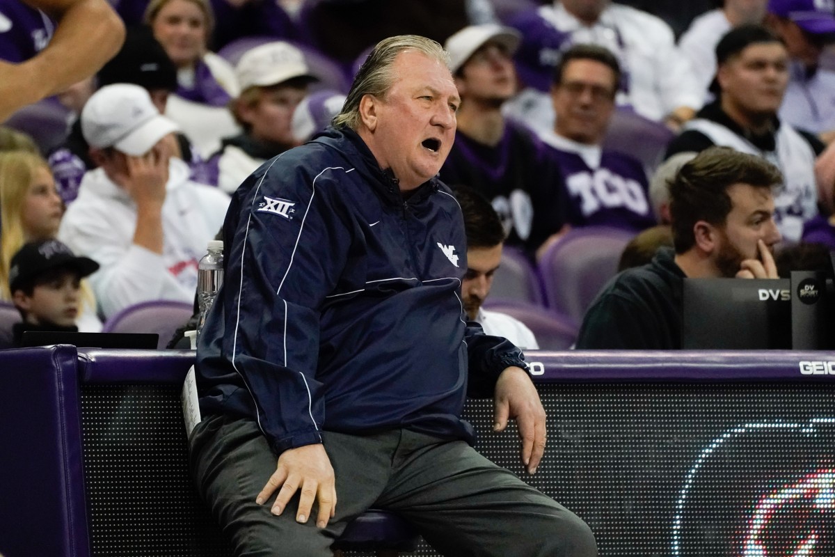 Jan 31, 2023; Fort Worth, Texas, USA; West Virginia Mountaineers head coach Bob Huggins reacts against the TCU Horned Frogs during the first half at Ed and Rae Schollmaier Arena.