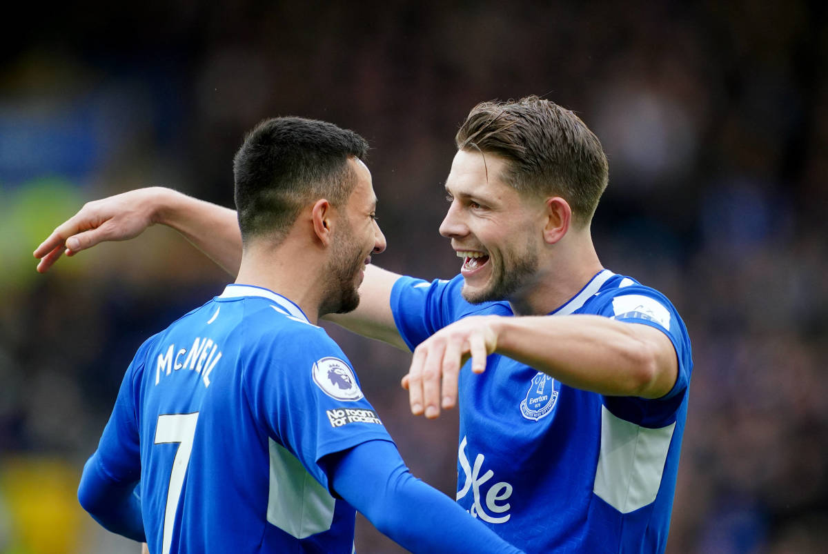 James Tarkowski pictured (right) celebrating a goal with Dwight McNeil after scoring against Arsenal in Sean Dyche's first game as Everton manager