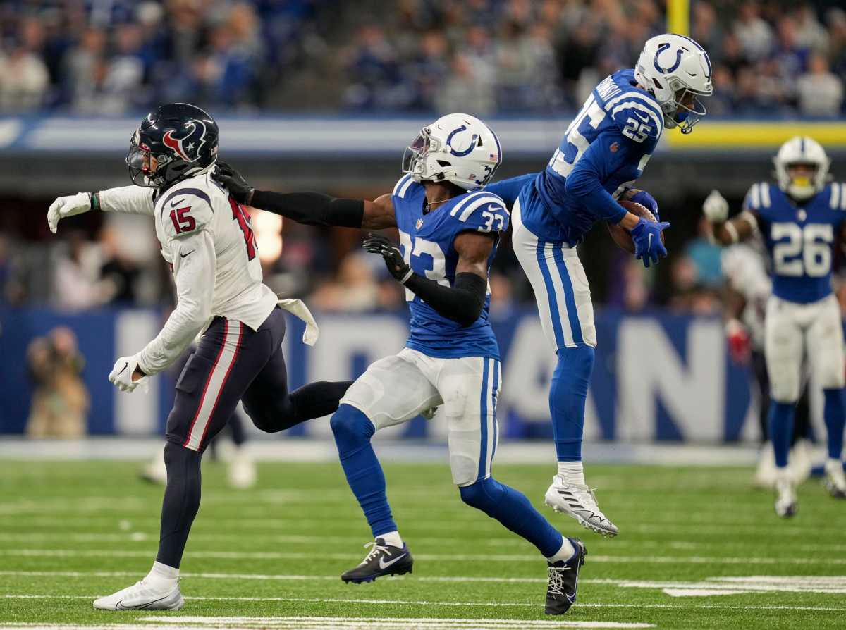 Indianapolis Colts safety Rodney Thomas II (25) intercepts a pass Sunday, Jan. 8, 2023, during a game against the Houston Texans at Lucas Oil Stadium in Indianapolis.