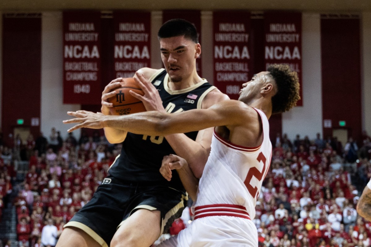 Purdue Boilermakers center Zach Edey (15) shoots the ball while Indiana Hoosiers forward Trayce Jackson-Davis (23) defends.