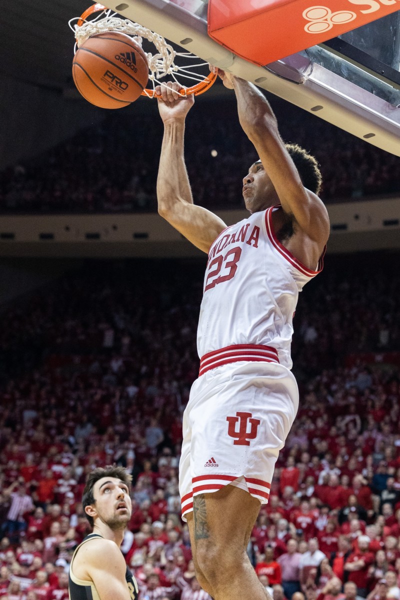 Indiana Hoosiers forward Trayce Jackson-Davis drives for a slam dunk during the first half of the Indiana vs. Purdue matchup.