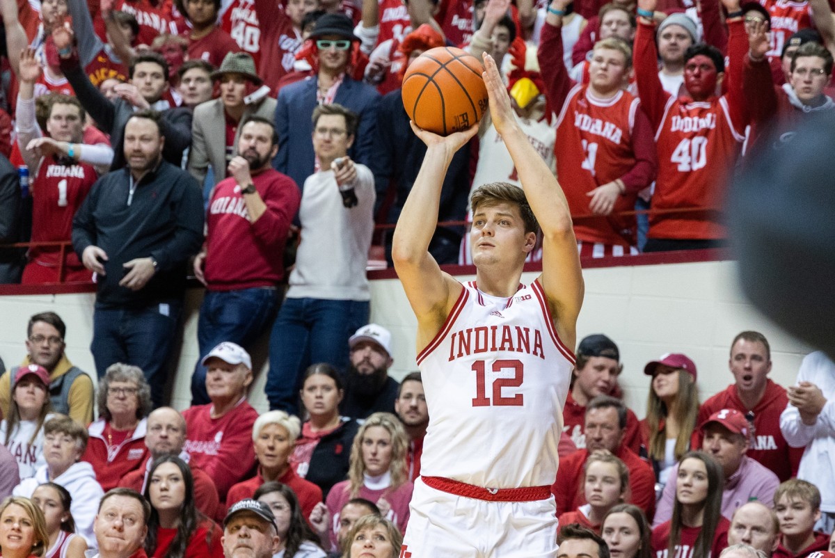 Miller Kopp (12) shoots the ball in the first half against the Purdue Boilermakers at Simon Skjodt Assembly Hall.
