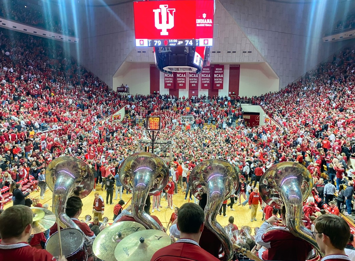 Indiana Hoosiers and fans stormed the court after Indiana bested No. 1 Purdue 79-74.