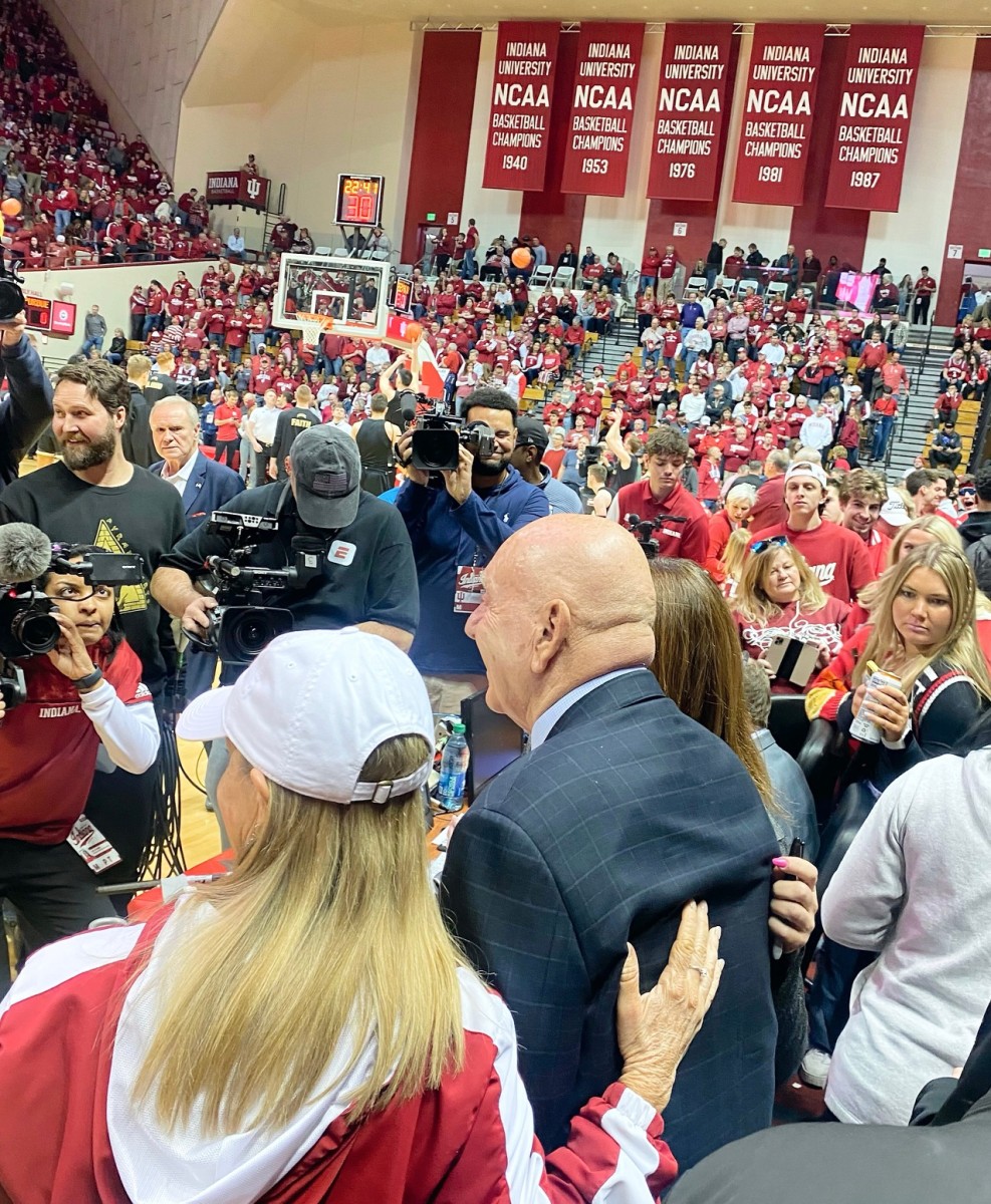 ESPN announcer Dick Vitale smiles with fans ahead of Indiana's game with Purdue.