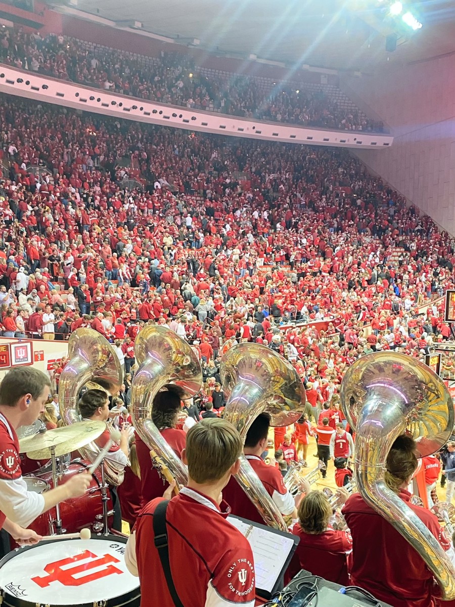 The Indiana University Pep Band continued playing the fight song after the Hoosiers' win over Purdue as students stormed the court to celebrate Indiana's victory.