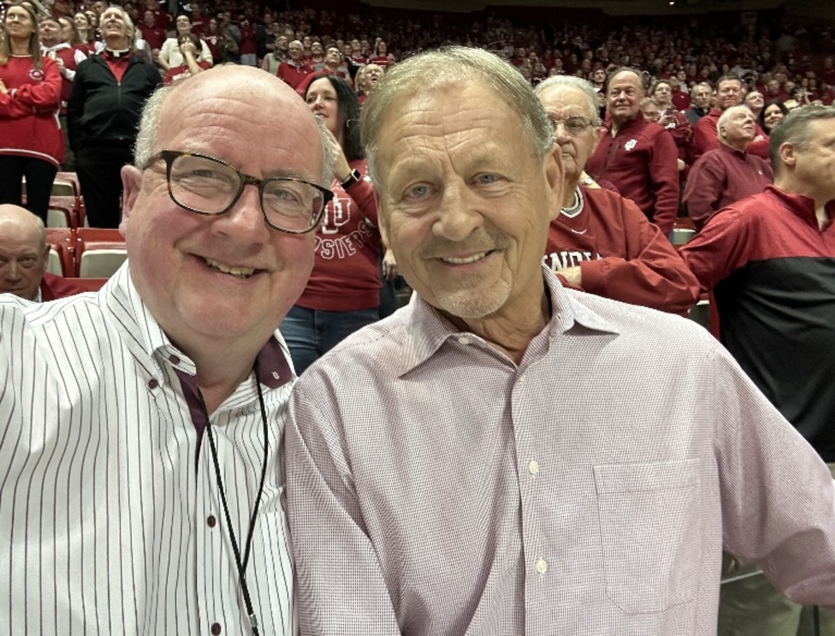 HoosiersNow.com publisher Tom Brew with Voice of the Hoosiers Don Fischer, who was honored at halftime for 50 years of excellence in broadcasting.