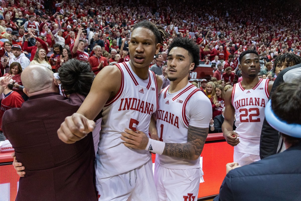 Malik Reneau (5) and guard Jalen Hood-Schifino (1) after the game against the Purdue Boilermakers.