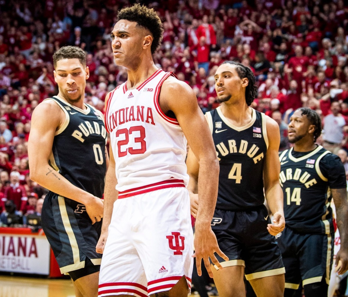 Indiana's Trayce Jackson-Davis (23) stares at the Purdue bench after a dunk during the first half of Indiana versus Purdue men's basketball game at Simon Skjodt Assembly Hall on Saturday, Feb. 4, 2023.