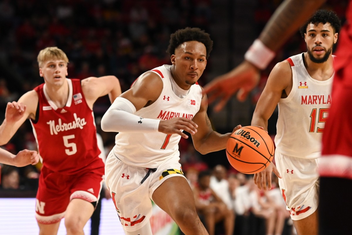 Jan 28, 2023; College Park, Maryland, USA; Maryland Terrapins guard Jahmir Young (1) splits Nebraska Cornhuskers defenders on the way to the basket during the second half at Xfinity Center.