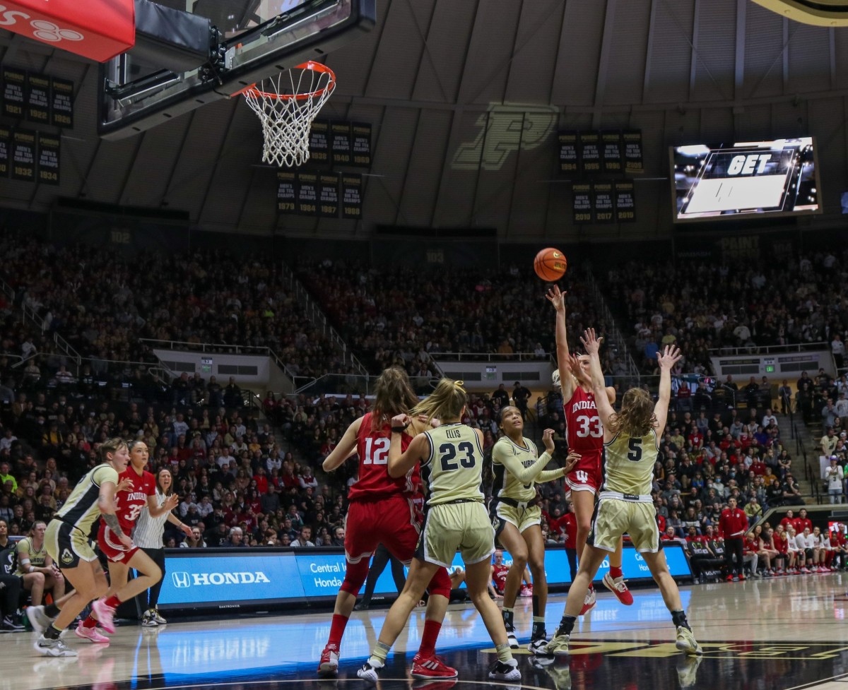 Indiana Hoosiers guard Sydney Parrish (33) scores a shot during the NCAA women's basketball game against the Purdue Boilermakers, Sunday, Feb. 5, 2023, at Mackey Arena in West Lafayette, Ind. The Indiana Hoosiers won 69-46.