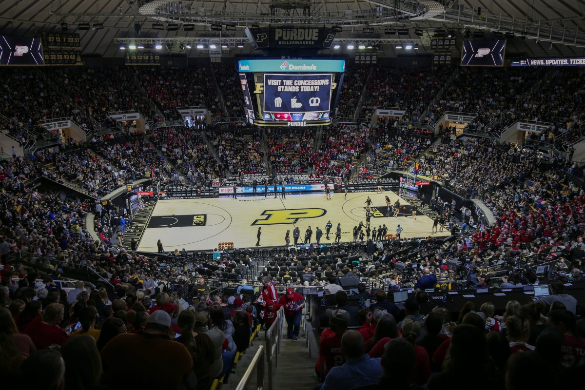A view of a sold-out Mackey Arena for the NCAA women's basketball game between the Purdue Boilermakers and the Indiana Hoosiers, Sunday, Feb. 5, 2023, at Mackey Arena in West Lafayette, Ind. The Indiana Hoosiers won 69-46.
