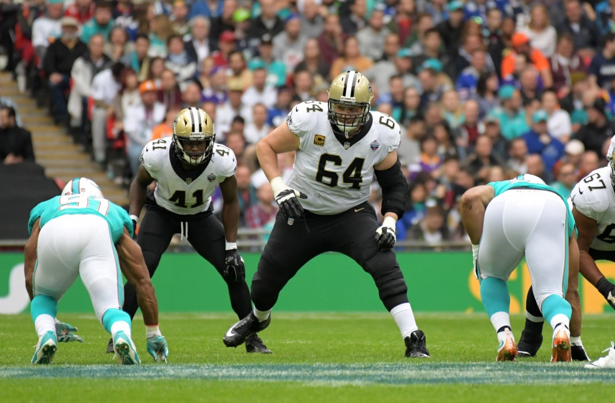 Oct 1, 2017; New Orleans Saints offensive tackle Zach Strief (64) against the Miami Dolphins. Mandatory Credit: Kirby Lee-USA TODAY Sports