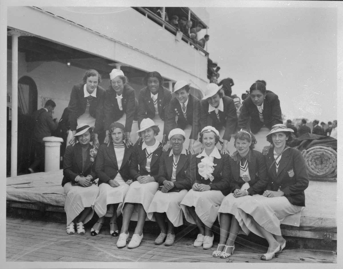 Stokes (third from left in back row) and Pickett (last in back row) returned to the U.S. on the SS President Roosevelt after being in Berlin for Olympics. 