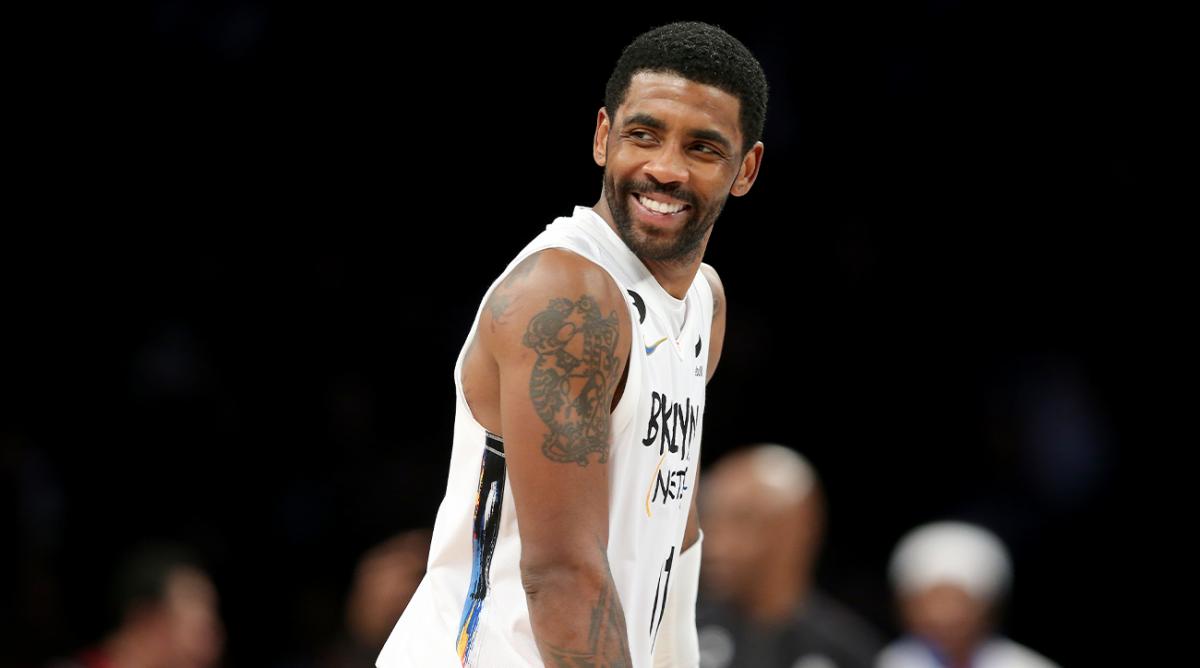 Jan 26, 2023; Brooklyn, New York, USA; Brooklyn Nets guard Kyrie Irving (11) reacts during the fourth quarter against the Detroit Pistons at Barclays Center.