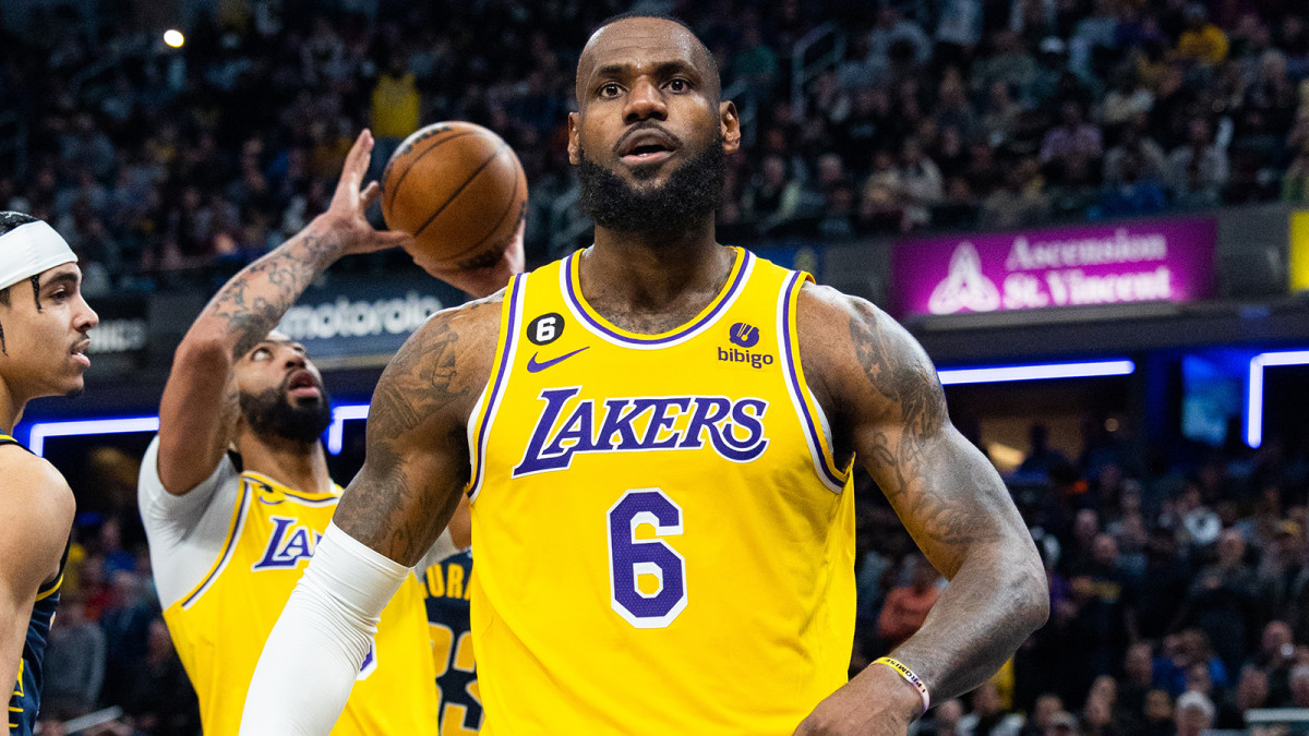 Los Angeles Lakers forward LeBron James (6) reacts to a foul call in the second half against the Indiana Pacers.