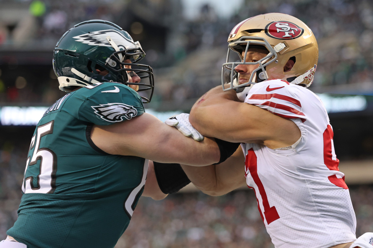 Lane Johnson blocks Nick Bosa during the NFC title game